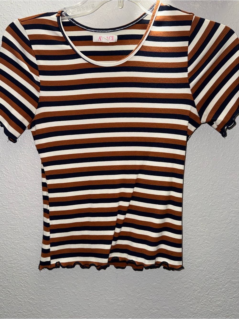 Striped Short Sleeve Ribbed Top in Brown, Black & White